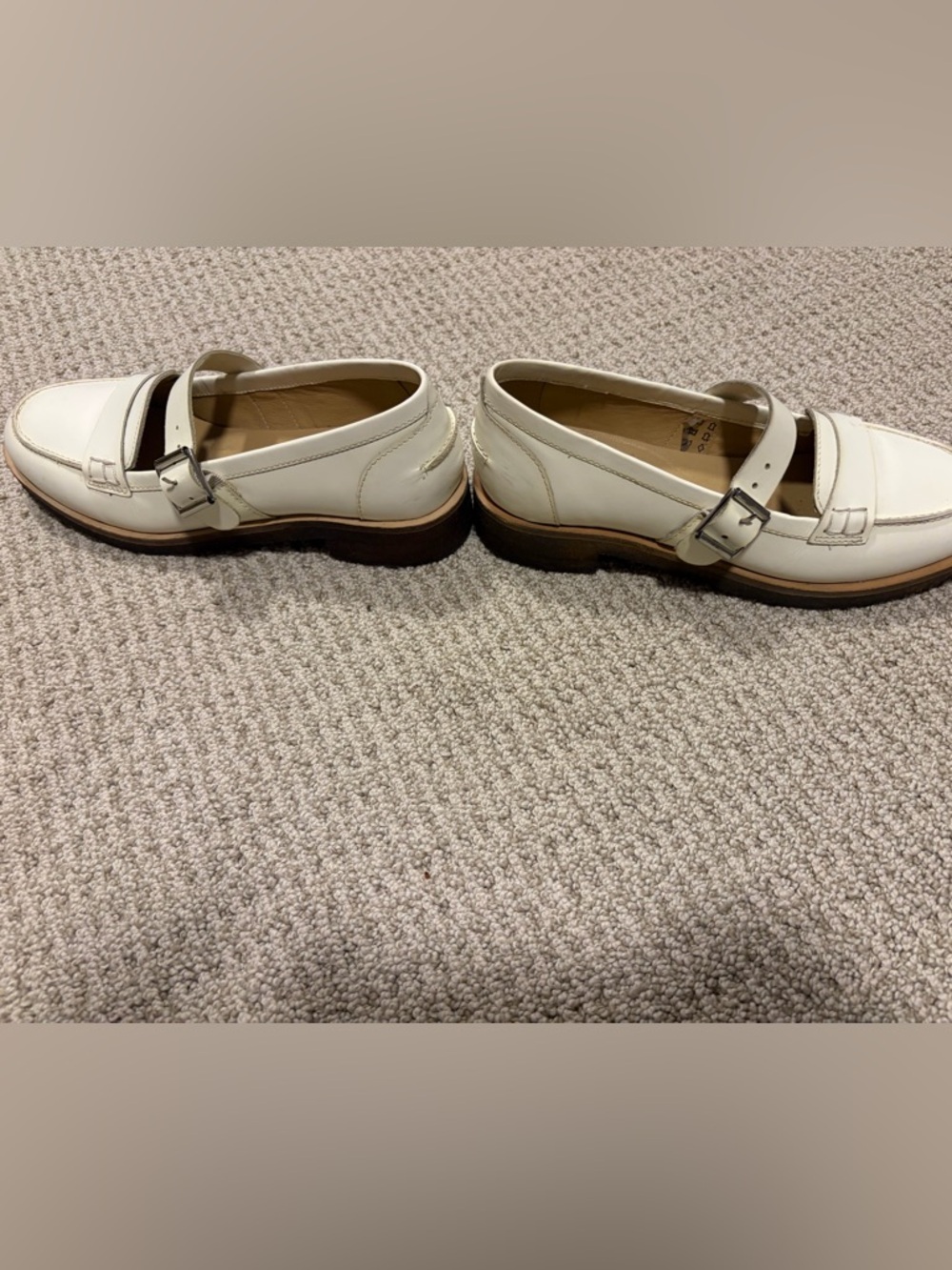 Free People Cream Leather Mary Jane Loafers with Buckle Strap